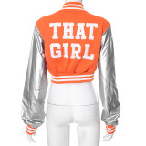 Long sleeved PU leather slim fitting baseball jacket with button exposed navel