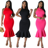 Fashionable and Sexy Slim Fit Open Back Sleeveless Solid Color Dress
