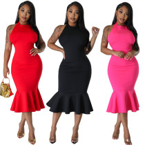Fashionable and Sexy Slim Fit Open Back Sleeveless Solid Color Dress