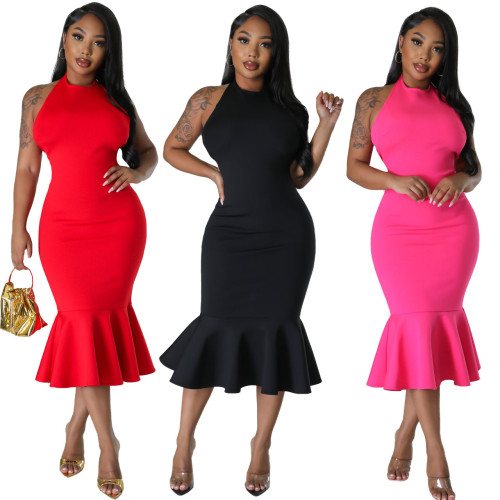 Fashionable and Sexy Slim Fit Open Back Sleeveless Solid Color Dress