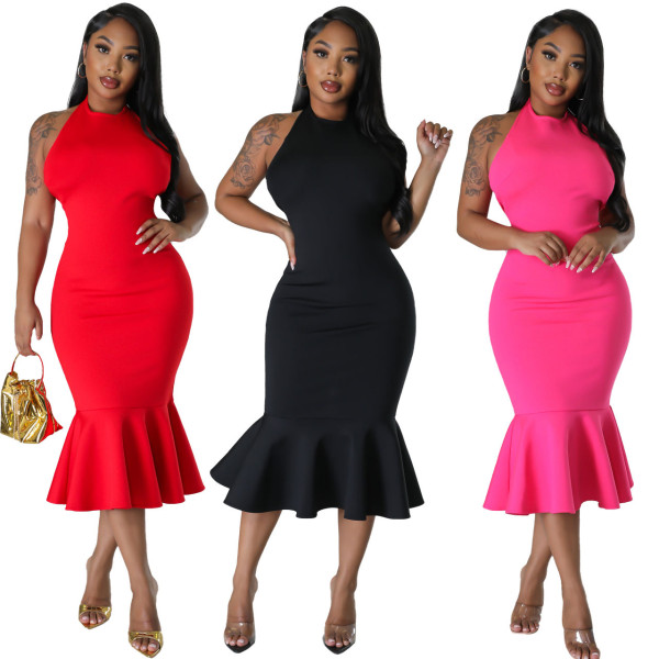 Fashionable and Sexy Slim Fit Open Back Sleeveless Solid Color Dress