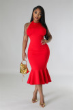 Fashionable and Sexy Slim Fit Open Back Sleeveless Solid Color Dress