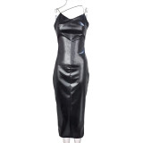 Slim waist with drawstring, buttocks wrapped and split PU dress