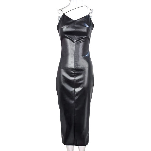 Slim waist with drawstring, buttocks wrapped and split PU dress