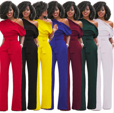 Classic solid color diagonal collar button one piece wide leg pants