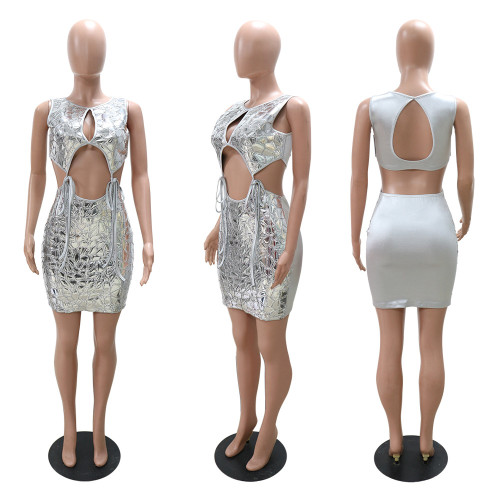 Shang Round Neck Hollow Lace up Dress