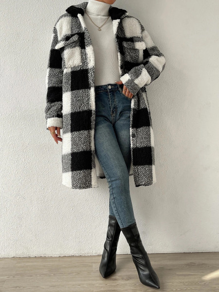 Open button lapel plush plaid coat loose length coat