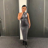 Slanted Shoulder Sleeveless Bright Long Fit Dress