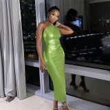 Slanted Shoulder Sleeveless Bright Long Fit Dress