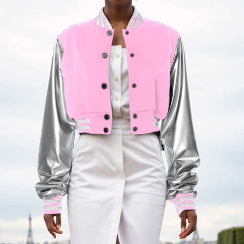 Long sleeved PU leather slim fitting baseball jacket with button exposed navel