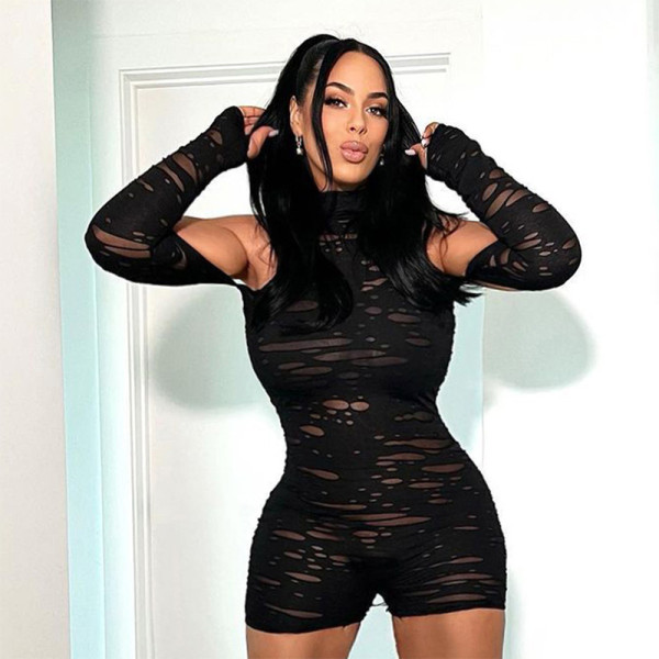 High Collar Long Sleeve Off Shoulder Mesh Slim Fit Short jumpsuit