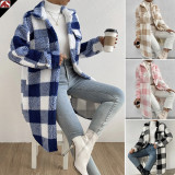 Open button lapel plush plaid coat loose length coat
