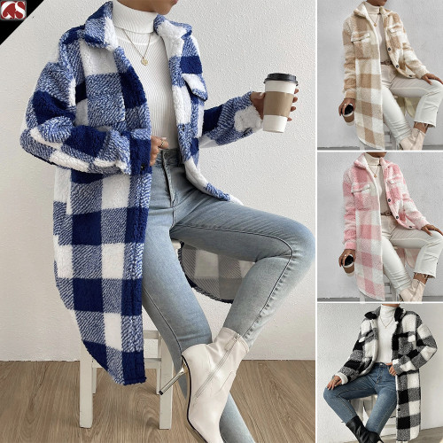 Open button lapel plush plaid coat loose length coat