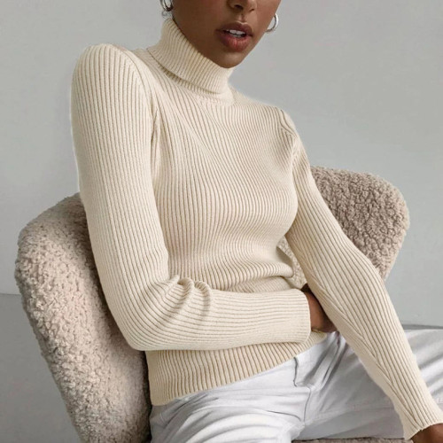 High Neck Pullover Long Sleeve Slim Fit Basic Wool Top