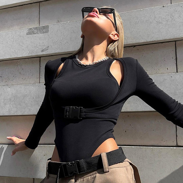 Long sleeved hollow out backpack buckle fake two piece slim fitting jumpsuit