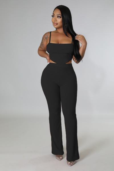 Fashion Solid Color Strap Open Back Wrap Chest Two Piece Set