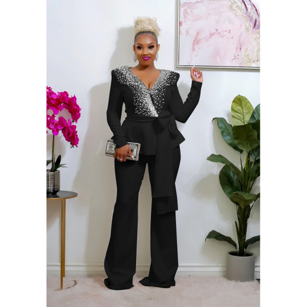 Women's solid color long sleeved pants jacket two-piece suit