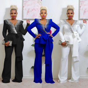 Women's solid color long sleeved pants jacket two-piece suit