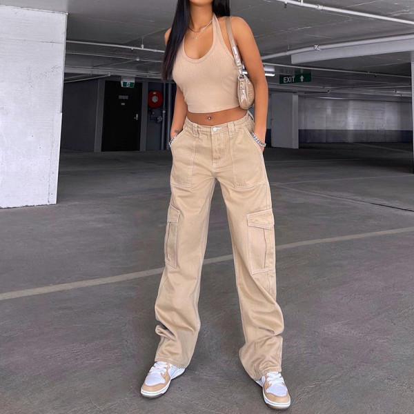 Multi Pocket Workwear Straight Leg Pants High Waist Slim Loose Fit Khaki Jeans