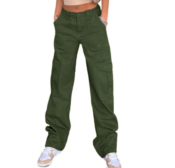 Multi Pocket Workwear Straight Leg Pants High Waist Slim Loose Fit Khaki Jeans