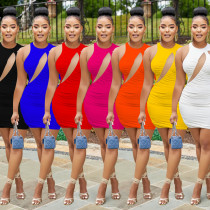 Women's solid color pleated single shoulder round neck short skirt dress