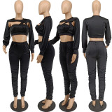Sexy Hollow Solid Long Sleeve Two Piece Set
