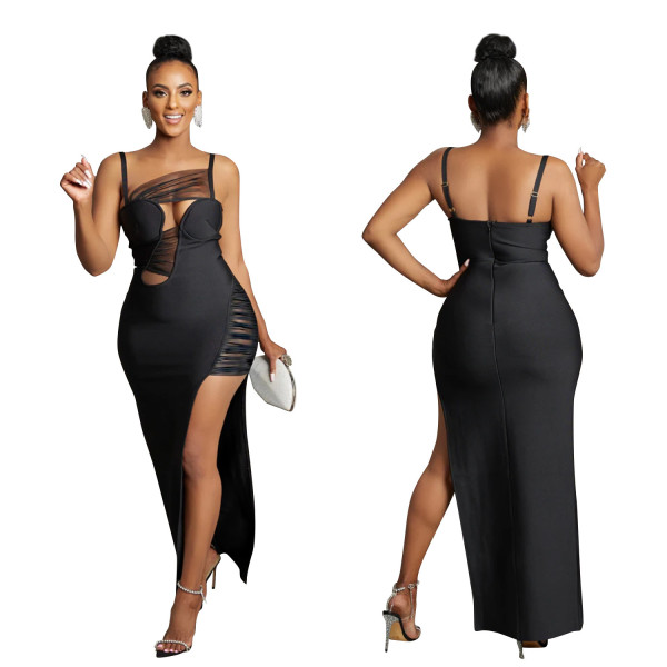 Women's Solid Mesh Hollow Bandage Long Dress Dress