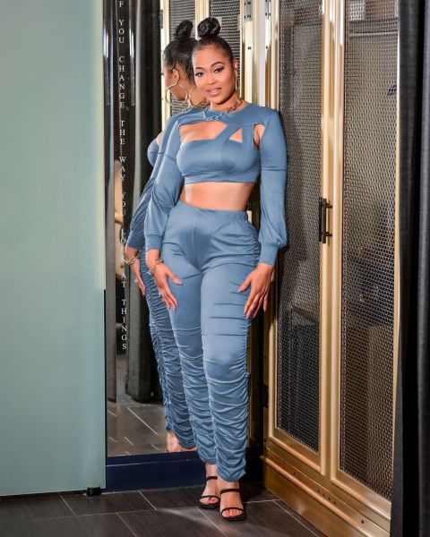 Sexy Hollow Solid Long Sleeve Two Piece Set