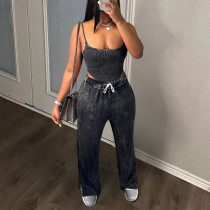 Sleeveless suspender short top with elastic waist split wide leg pants sexy set Sleeveless suspender short top with elastic waist split wide leg pants sexy set