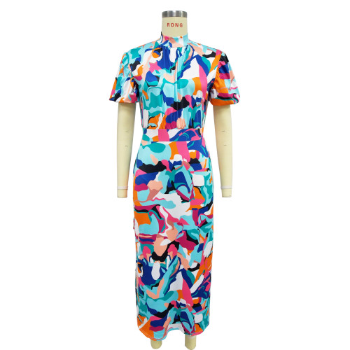 Women's printed short sleeved split long skirt dress