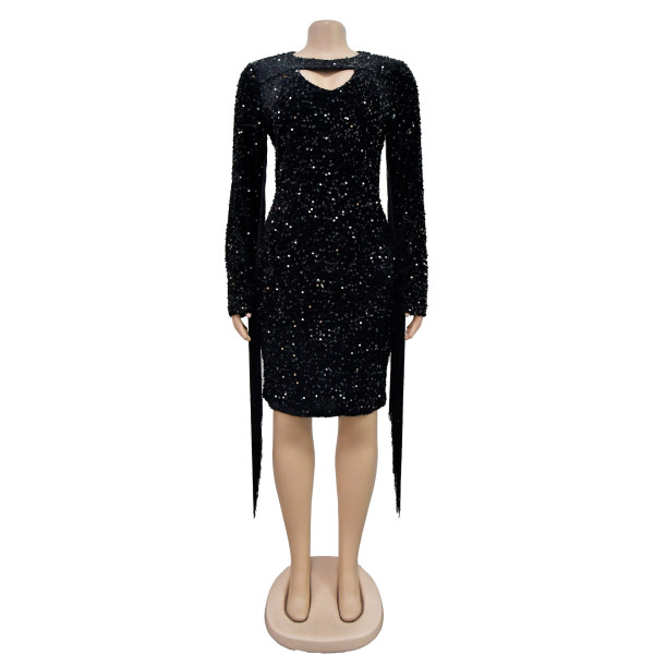 Women's solid color beaded fringe long sleeved short skirt dress