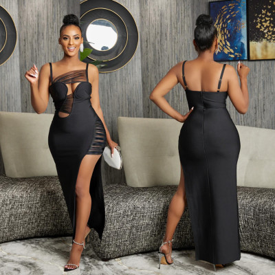 Women's Solid Mesh Hollow Bandage Long Dress Dress