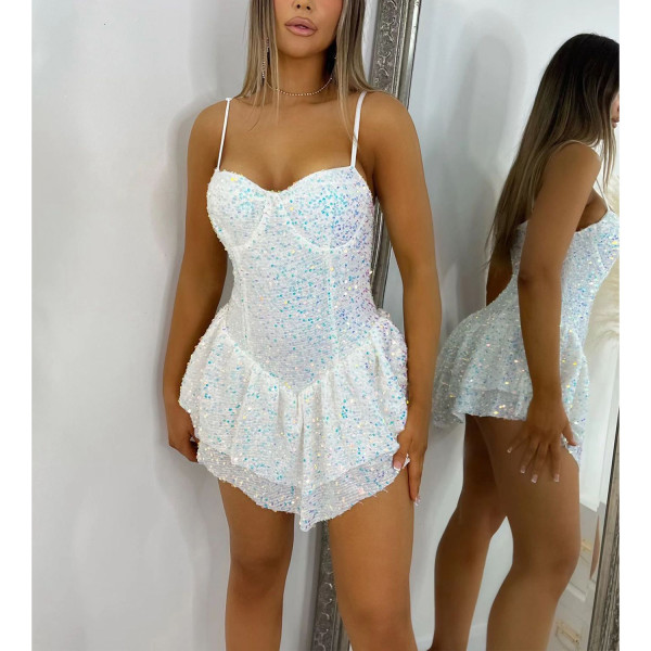 Women's sexy pearl sequin suspender short skirt dress
