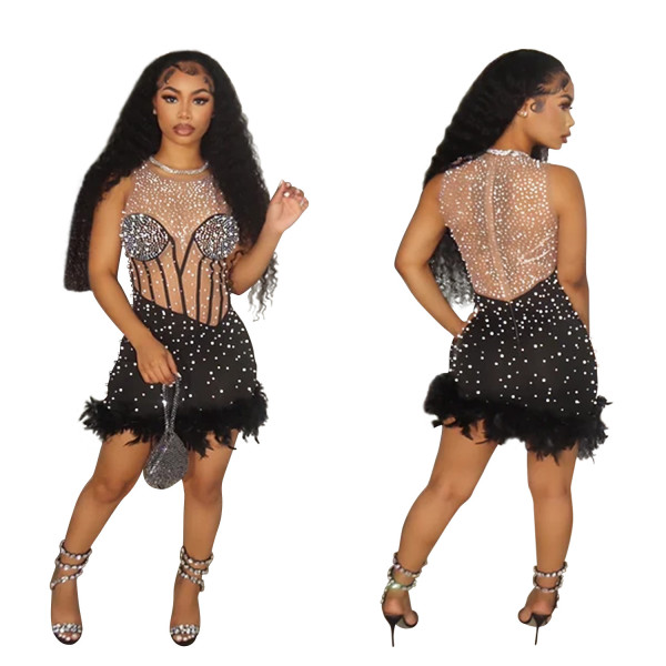 Women's solid color hot diamond sleeveless feather shorts jumpsuit