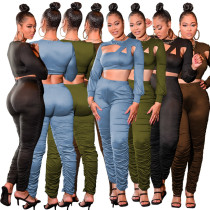 Sexy Hollow Solid Long Sleeve Two Piece Set