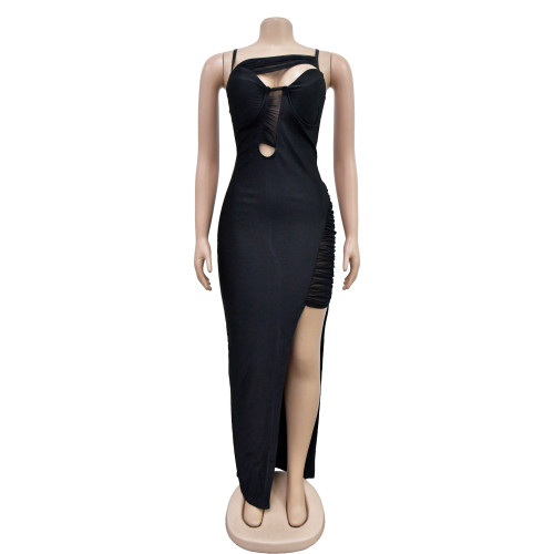 Women's Solid Mesh Hollow Bandage Long Dress Dress