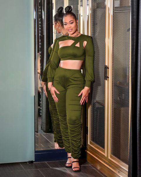 Sexy Hollow Solid Long Sleeve Two Piece Set