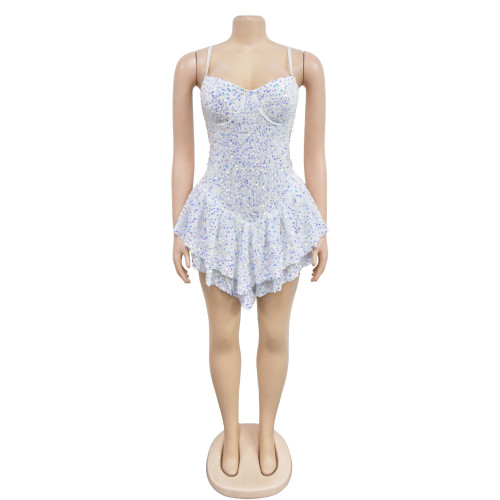 Women's sexy pearl sequin suspender short skirt dress
