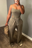 Sleeveless suspender short top with elastic waist split wide leg pants sexy set