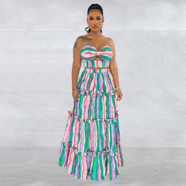 Women's sleeveless bra stripe printed long skirt two-piece set