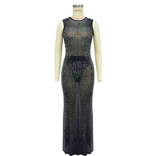 Solid mesh hot diamond sleeveless long dress