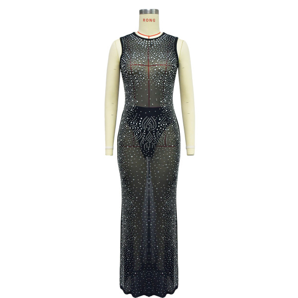 Solid mesh hot diamond sleeveless long dress