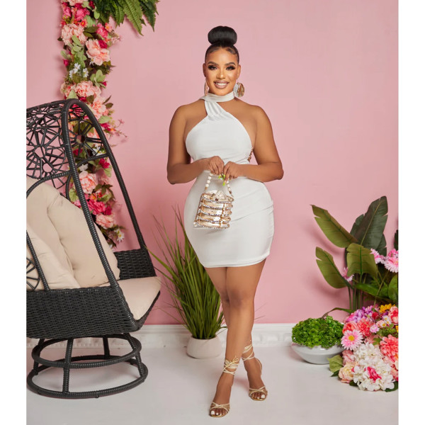 Women's Solid Color Sexy Sleeveless Hanging Neck Short Dress Dress