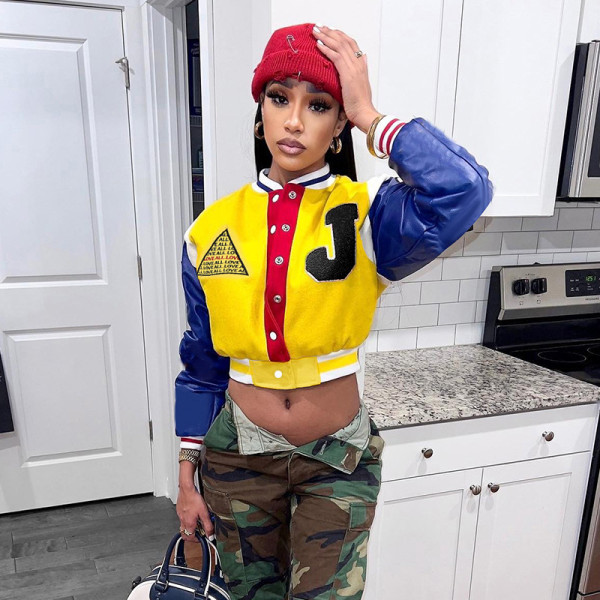 Embroidered printed leather sleeves, baseball jacket, top coat