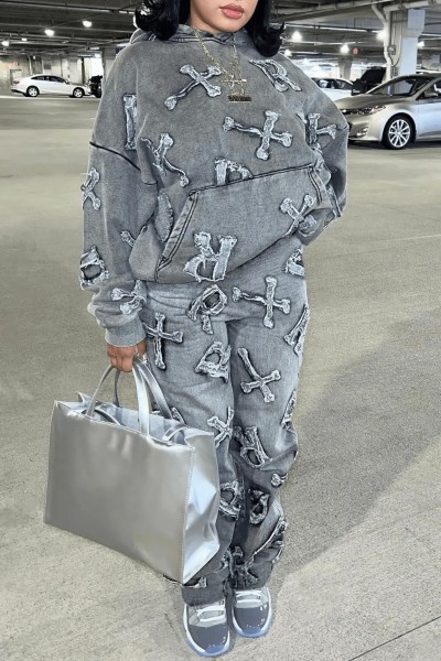 Printed Pocket Long Sleeve Sweater 2-Piece Pants Set