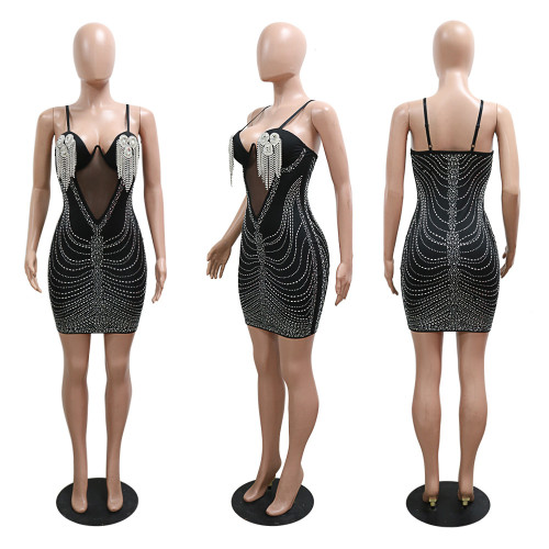Sexy Strap Tassel Hot Diamond Wrap Hip A-line Skirt