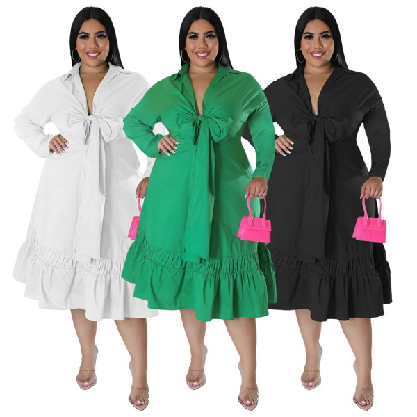 Solid color tie bow shirt sleeve loose casual ruffle large dress