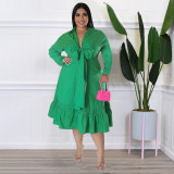 Solid color tie bow shirt sleeve loose casual ruffle large dress