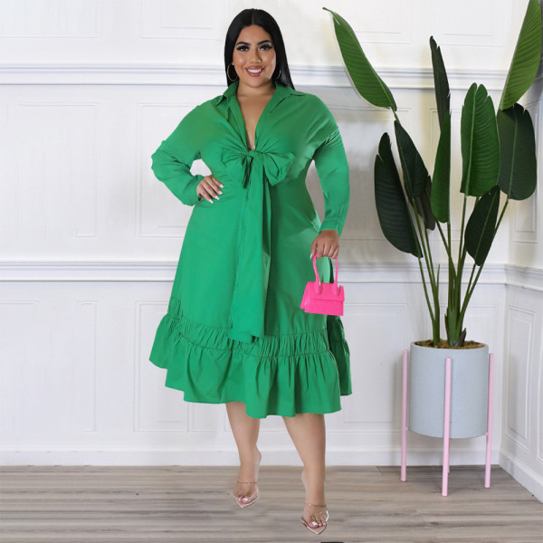 Solid color tie bow shirt sleeve loose casual ruffle large dress