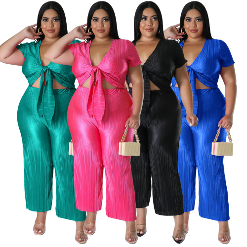 Pressed pleated wide leg pants with straps, fashionable elastic two-piece set